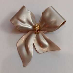 Vintage Champagne Satin Enamel Rhinestones Bow Brooch Pin